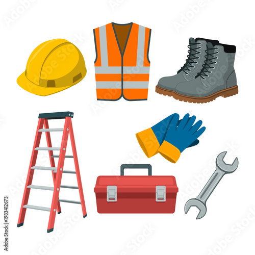 Essential Tools of the Trade: A curated set of indispensable tools, including a hard hat, safety vest, work boots, ladder, gloves, toolbox, and wrench, ready to tackle any project.