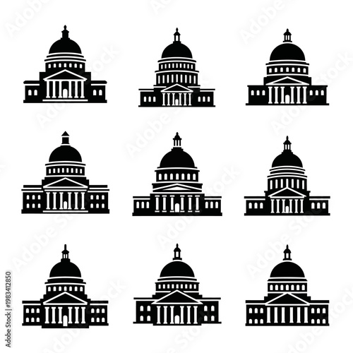 Collection of Capitol Building Icons: Government, Politics, Democracy, Law, and Civic Symbols