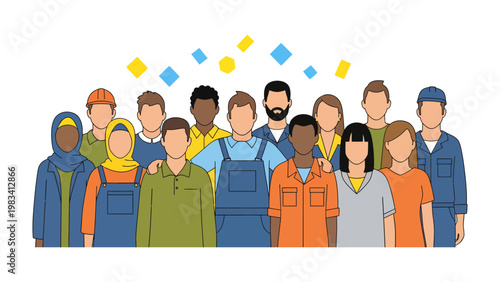 United Workforce: A diverse group of workers stands united, representing the collaborative spirit and strength of a skilled workforce.