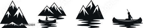 Minimalist black and white landscape featuring mountain peaks and a small boat silhouette