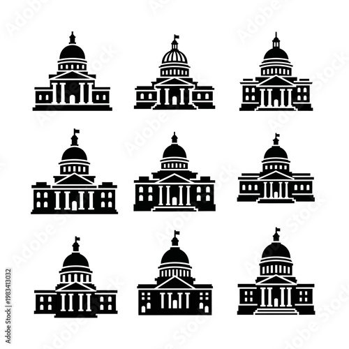 Collection of Government Building Silhouettes: Capitol, Courthouse, City Hall Icons