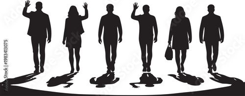 Black silhouettes of six diverse people in various standing walking and jumping poses standing poses