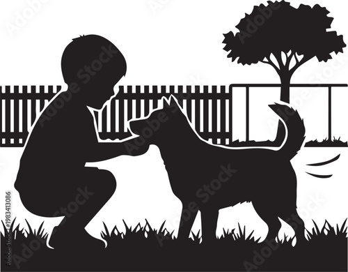 Young boy crouching to pet friendly dog in garden silhouette vector illustration for animal care and childhood bond concept art.