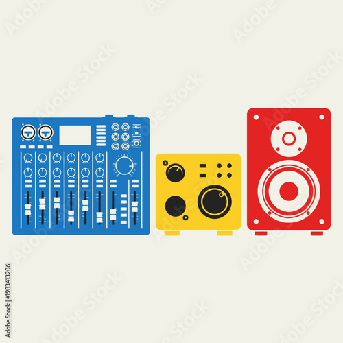 Colorful dj audio equipment: mixer, amplifier, speaker on white background