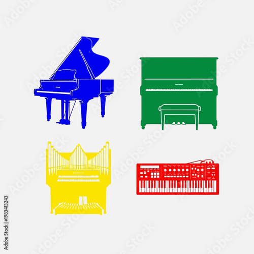 Colorful Keyboard Instruments Collection: Piano, Organ, Synthesizer, Keyboard