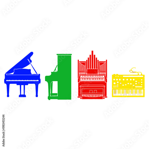 Colorful Keyboard Instruments: Piano, Organ, Synthesizer Silhouettes