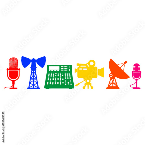 Colorful Media and Communication Icons: Broadcasting, Recording, and Technology Symbols