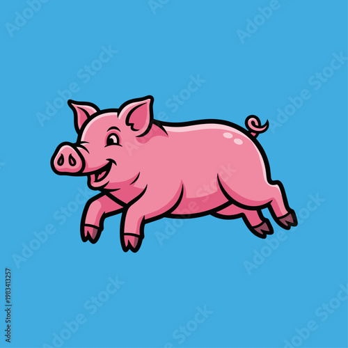 Pink cartoon pig running fast outside.