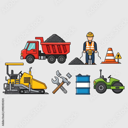 Construction Site Equipment and Worker Icon Set