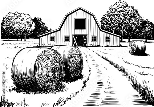 Black and white of a rustic barn with hay bales in a field, farm landscape rural