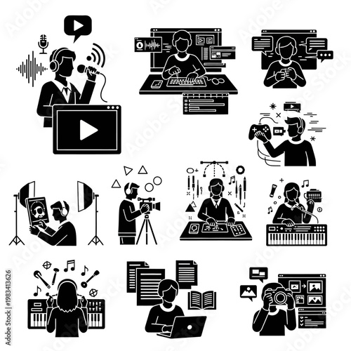 Creative Professionals Montage: Digital Art, Music Production, Video Editing, Photography, Podcasting