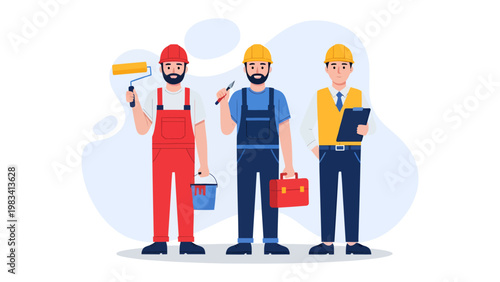 Working Team: a team of construction worker with painting accessories, toolbox, ready to construction for renovation of house or building.