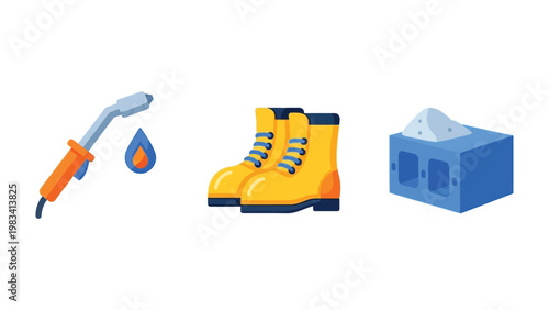 Industrial Essentials: Depicting core industrial elements, featuring a welding torch with a flame, a pair of sturdy work boots, and a block of concrete.