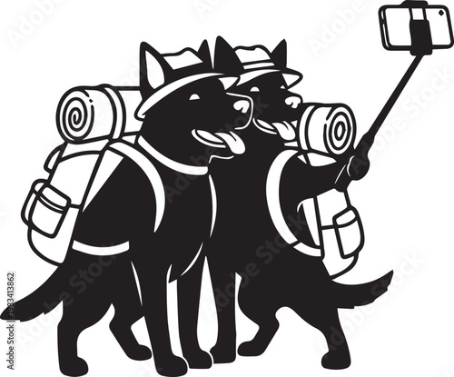 Funny dogs hiking with backpacks and hats taking selfie with smartphone on stick vector illustration of pets on travel trip.