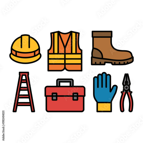 Essential Construction Toolkit: A comprehensive collection of construction equipment icons, including a hard hat, safety vest, work boot, ladder, toolbox, glove, and pliers.