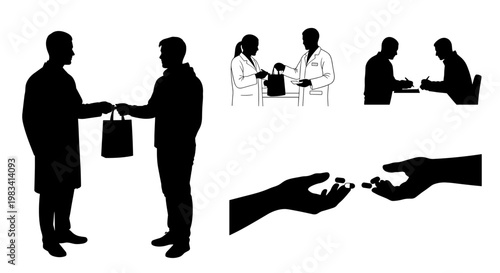 Silhouette of business people exchanging goods.