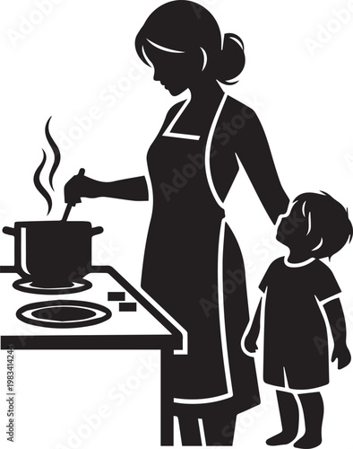 Silhouette of mother and child cooking together in kitchen with steam from pot on transparent background.