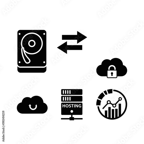 Data Transfer and Cloud Storage Icons: Hard Drive, Server Hosting, Cloud Security, Analytics