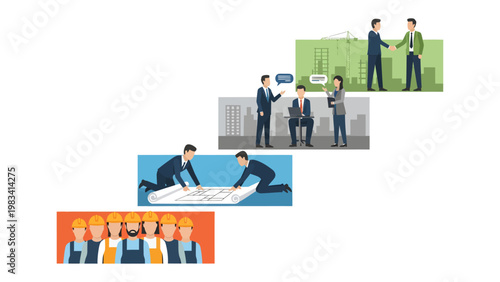 Building Dreams: A visual guide depicting the stages of a construction project, from initial planning and collaboration to the realization of a finished structure.