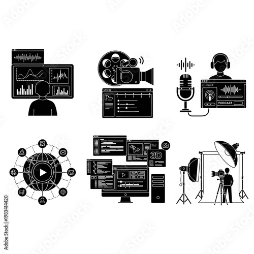 Digital Media Production and Technology Icons Set