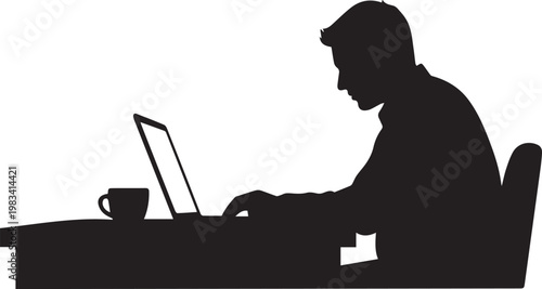 Professional man silhouette working on laptop at desk with coffee cup showing remote office work environment and digital lifestyle.
