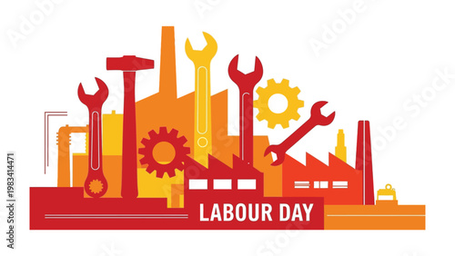 Labor Day Illustration: A colorful illustration commemorating Labor Day, featuring a collection of tools and factory silhouettes to represent the hardworking spirit of the working class.