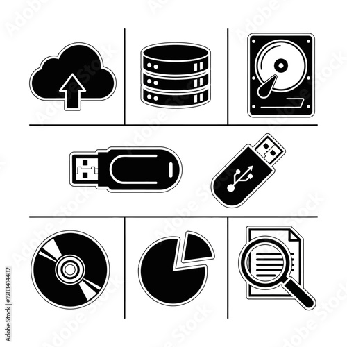 Digital Storage and Data Management Icons: Cloud, HDD, USB, CD, Pie Chart, Magnifier