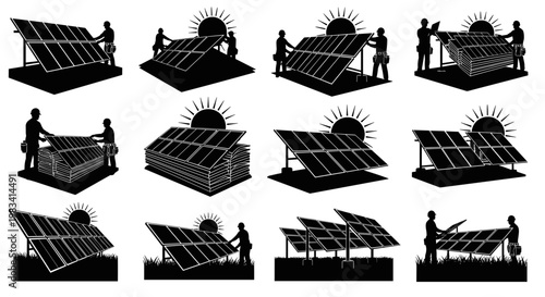 Silhouette of people installing solar panels.
