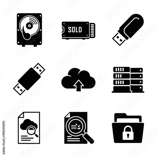 Digital Storage Technology Icons: Hard Drive, USB, Cloud, Servers, Files, Folder