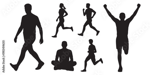 A group of people running and exercising in different poses