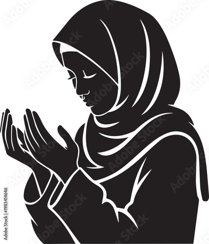 Muslim woman praying silhouette in black and white with closed eyes and hands raised in devotion.
