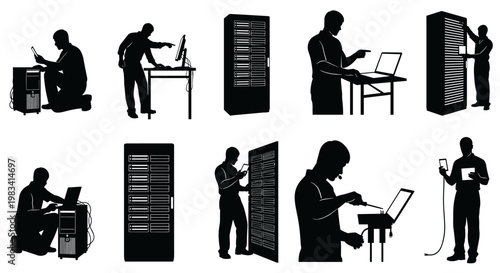 Silhouette of people working on computers.