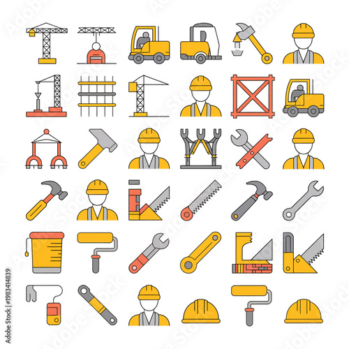 Construction Icons: A comprehensive set of construction icons, showcasing essential tools and equipment for building and infrastructure. Each icon, crisp and clear.
