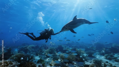 Scuba diver interacts with dolphin in clear blue ocean over coral reef