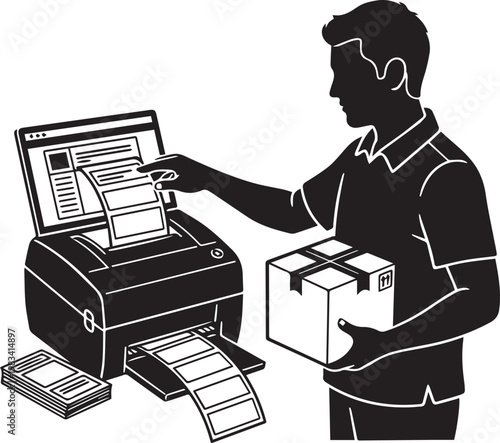 Delivery man printing shipping labels and holding cardboard box parcel for distribution logistics service at warehouse workplace.