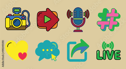 Modern Hyper Flat Social Media Content Creator Icon Set , Bold Solid Vector Pack