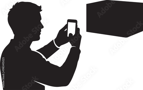 Man silhouette taking photo with smartphone, capturing memories, modern mobile photography, digital media concept.