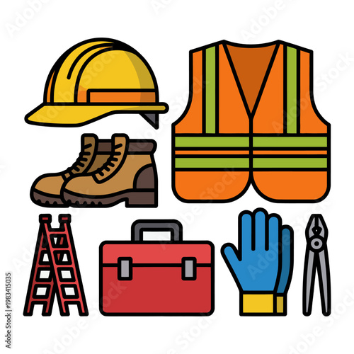 Construction tools collection: A colorful arrangement of essential construction tools, including a hard hat, safety vest, sturdy boots, a step ladder, toolbox, work gloves, and pliers.