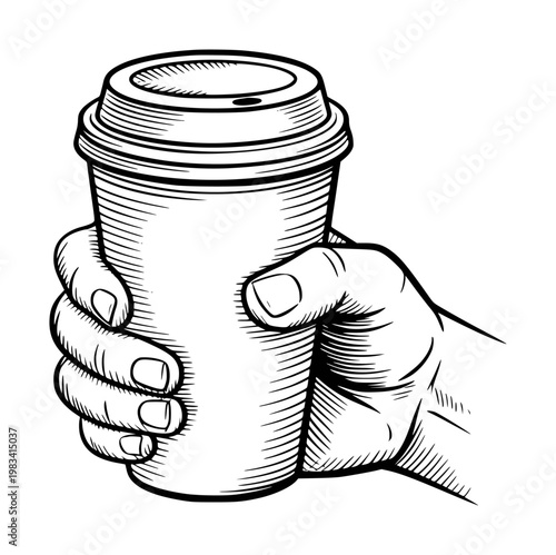 Hand holding disposable coffee cup with lid, black and white line