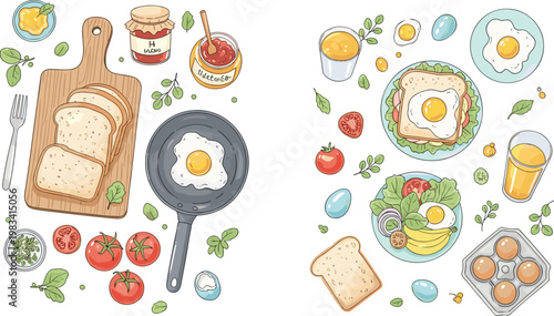 Healthy Breakfast Food Set with Eggs, Toast, Vegetables, and Juices for Morning Meal, Nutrition, and Food Designs