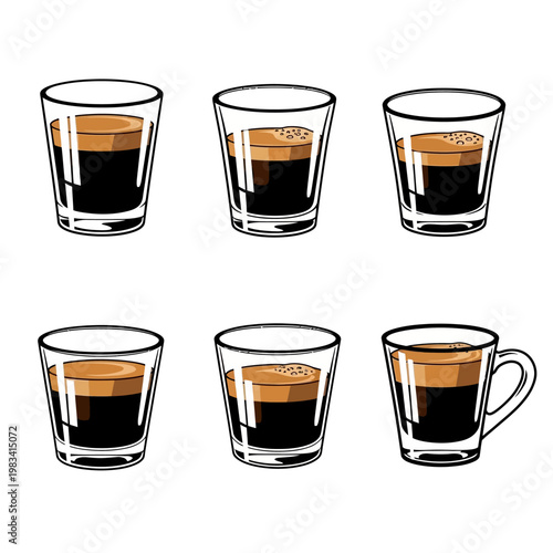 Espresso Shots in Glasses and Mug: A Collection of Coffee Drinks