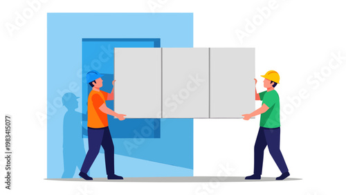 Moving Day: Two workers in safety helmets carefully maneuver a large cabinet into an open doorway. A scene of coordinated effort and the complexities of relocation.