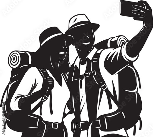 Joyful couple taking selfie with backpacks on mountain adventure, smiling and having fun outdoors.