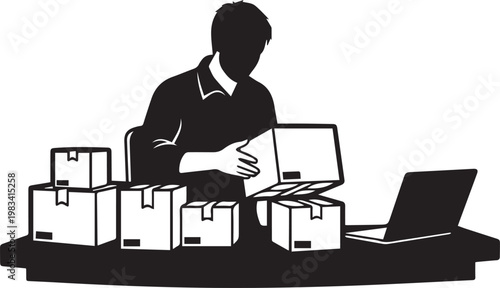 Silhouette of man at desk packaging boxes for shipping with laptop computer nearby representing ecommerce or warehouse operations.