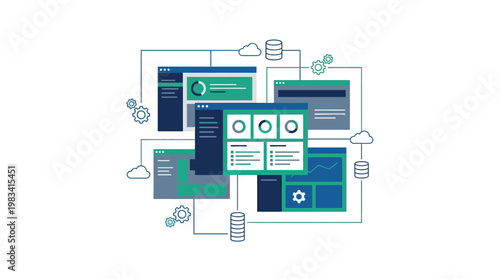 Network of computer interfaces and cloud storage suitable for technology concepts, internet security, data storage, network connectivity illustrations.
