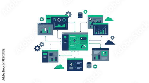 Depicting data dashboards, databases, and cloud connections. Suitable for technologyrelated articles, presentations, and marketing materials in the digital industry.