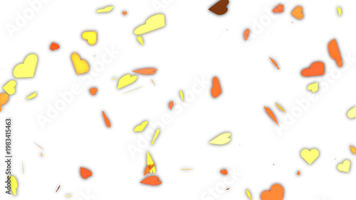 Romantic heart confetti falling, yellow and orange paper hearts floating, festive love celebration background for wedding and valentine day isolated on White Background