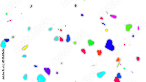Colorful heart confetti falling, vibrant romantic celebration background, multi-colored paper hearts for wedding and Valentine's Day events isolated on White Background