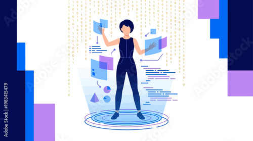 Ideal for technology presentations and business articles, showcasing a female professional managing data and virtual interfaces with expertise.