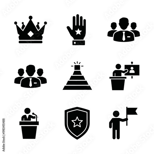 Leadership and Success Icons: Crown, Team, Podium, Shield, Flag